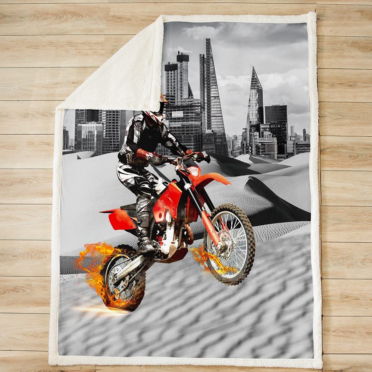 Tbrand Motorrad 3D Print Flanell Fleecedecke Grau Stadt Moto-Cross Kuscheldecke Modern Männer Jungs Microfaser Decke Decke 150x200cm für Sofa Jungen Mädchen Kinder