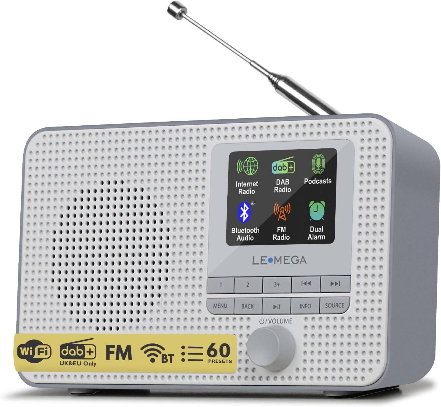 LEMEGA IR1 Portable WiFi Internet Radio, FM Digital Radio, Bluetooth, Dual Alarms Clock,Sleep Snooze Timer,40 Presets,Headphone-Output, Colour Display,Batteries or Mains Powered – Grey Finish