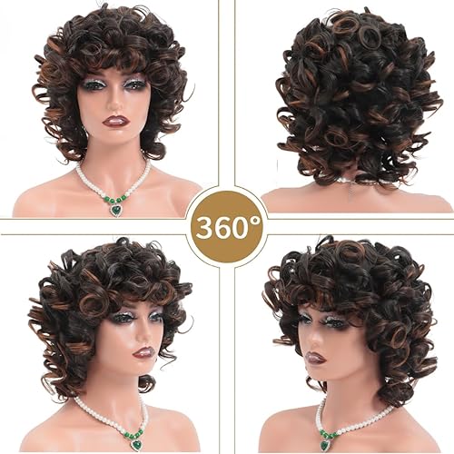 Miniatura 4 de Pelucas rizadas para mujeres negras, peluca rizada corta negra y marrón con flequillo, suave, grande, flexible, esponjosa, pelucas sintéticas afro