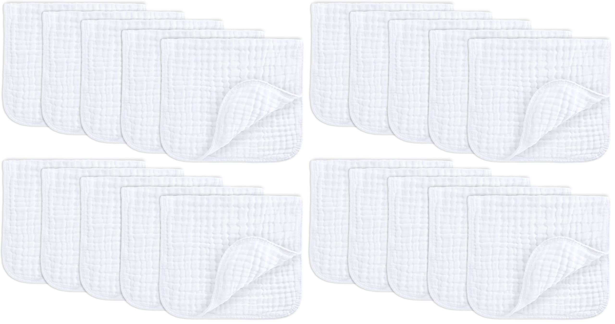 Comfy Cubs Muslin Burp Cloths 20" x 10", Pack of 20 - Large, 6-Layer, Ultra Absorbent 100% Cotton for Baby Drool and Messes - Soft, Safe &amp; Gentle Baby Burp Cloths for Boys &amp; Girls - White