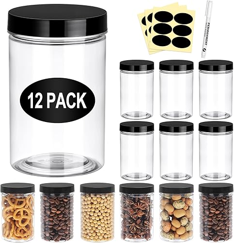 Eupako Paquete de 12 tarros de plástico con tapas de 8 onzas  Recipientes vacíos transparentes para cosméticos con bolígrafo y etiquetas, tarros