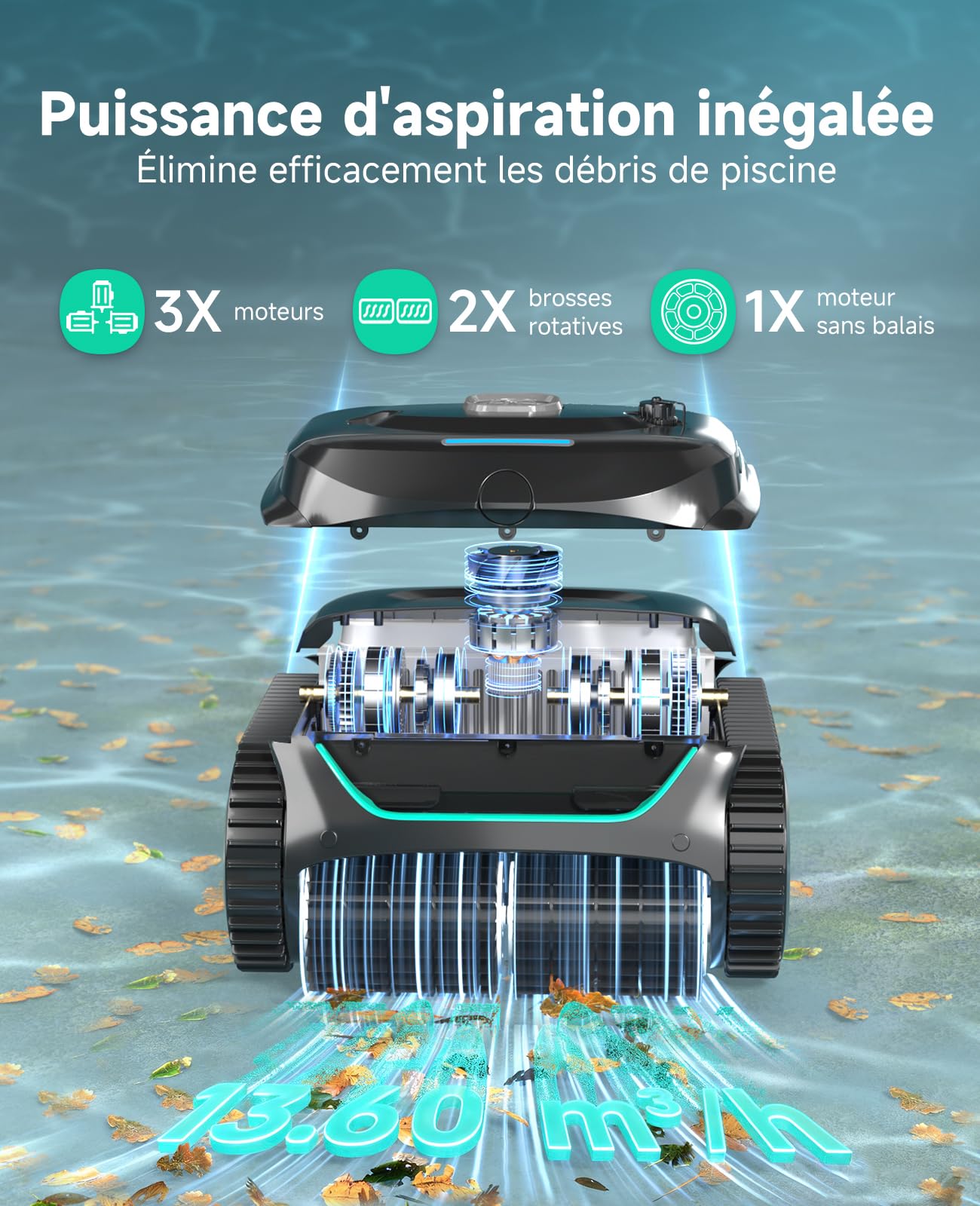 WYBOT C2 – Robot Piscine sans Fil, 3 Moteurs, Double Filtration, Nettoyage Fond, Parois Et Ligne d'eau, Autonomie 180 Min, pour Piscines Enterrées Max 150㎡, App Incluse(Vert Charbon-Gris)