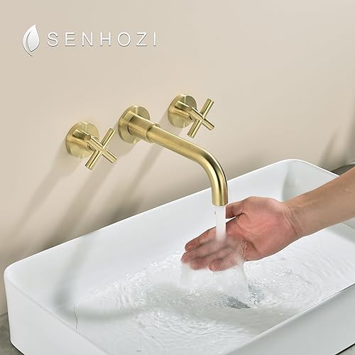 Miniatura 3 de Grifo de baño de montaje en pared dorado cepillado, grifo de fregadero de montaje en pared de 8 pulgadas con 2 manijas cruzadas y válvula áspera,
