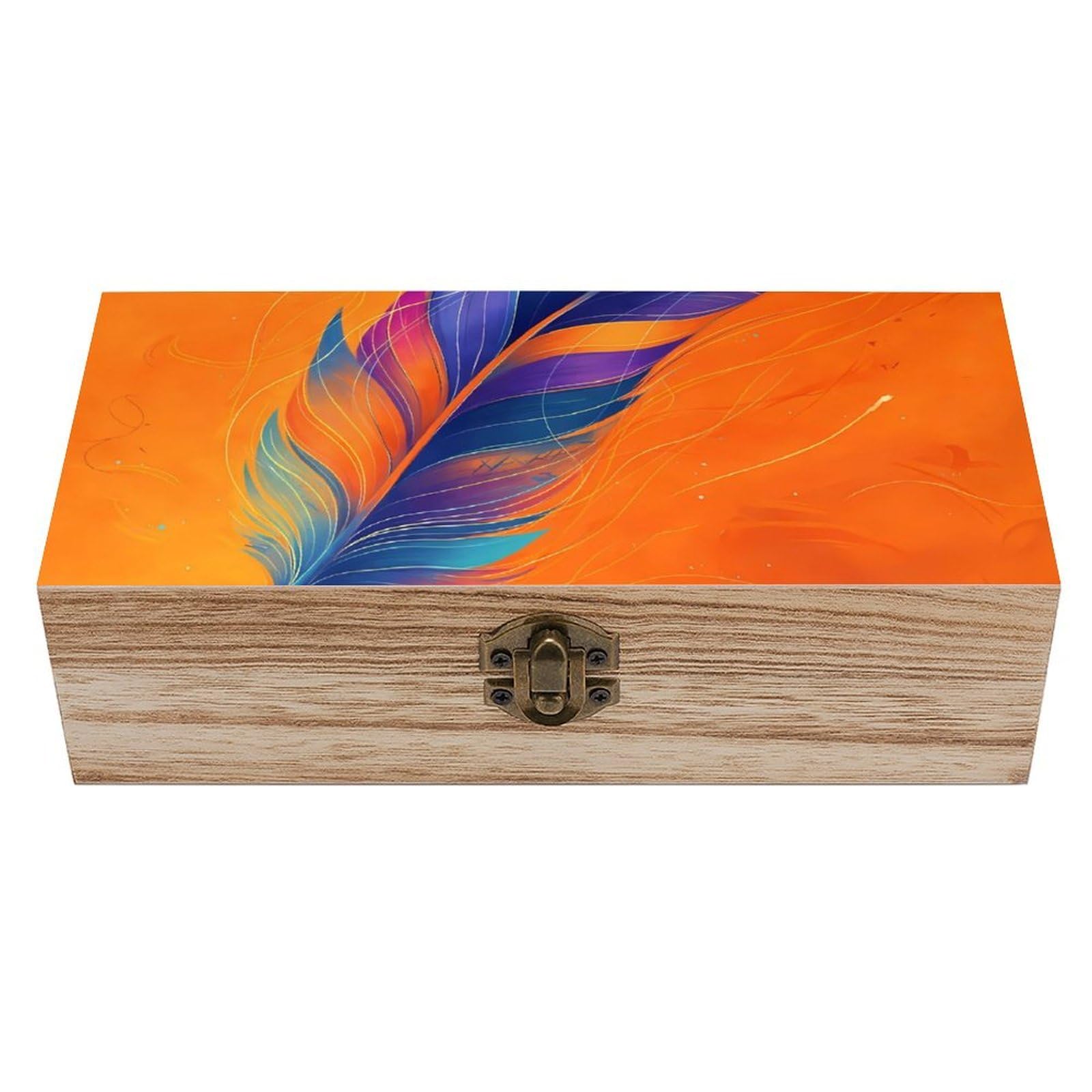 HLBSDM Artistic Colorful Feathers Wooden Storage Box