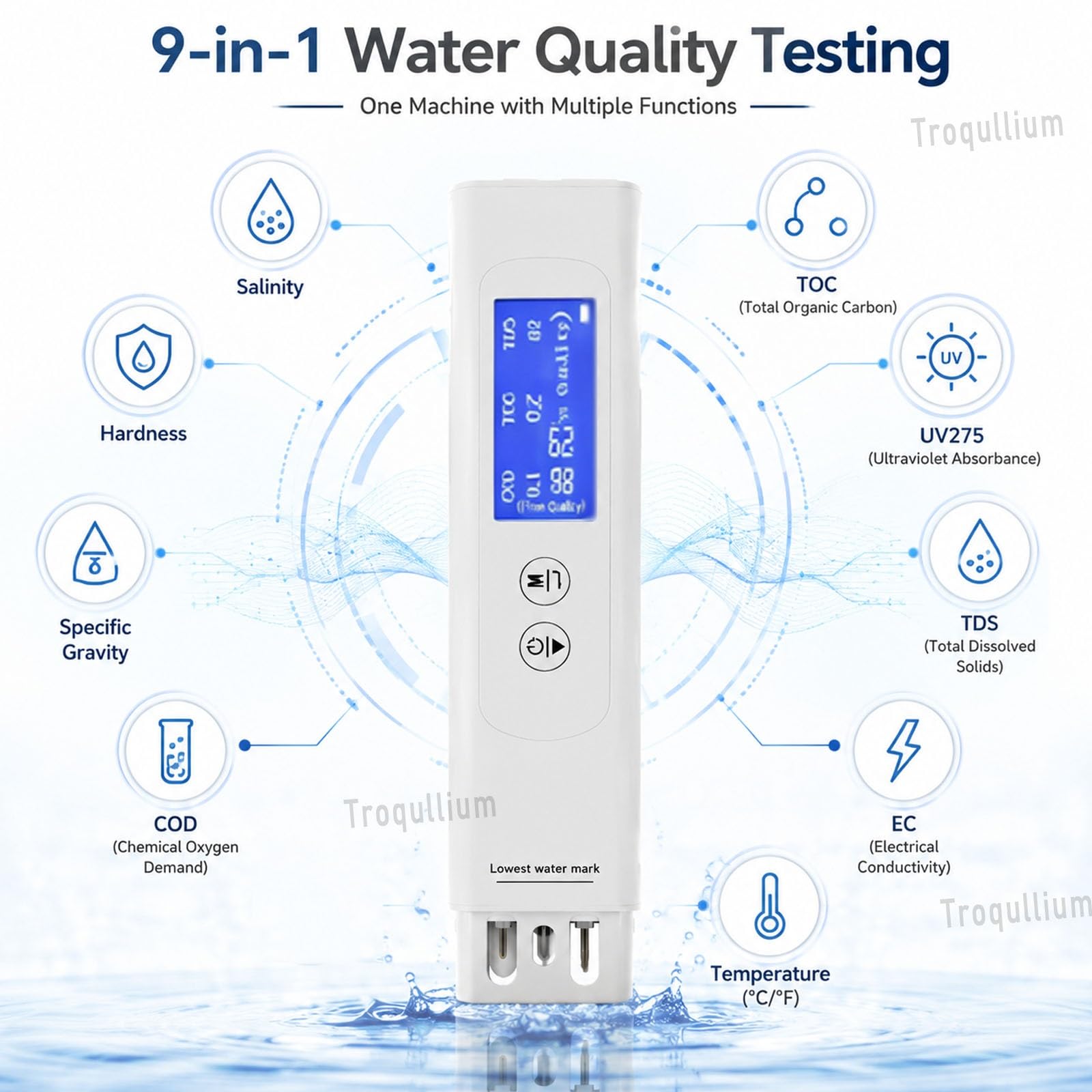 Probador electrónico del agua, teste de la calidad del agua del hogar | Con reconocimiento de 9 parámetros y conectividad de aplicaciones, for hidroponía, acuarios y agua industrial del grifo.