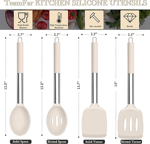 Miniatura 2 de TeamFar Utensilios de cocina, 4 piezas de utensilios de cocina de silicona, espátula con mango de acero inoxidable, para freír, mezclar, drenar,