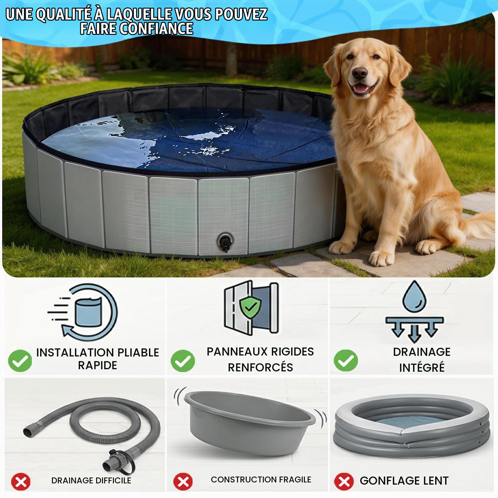 Piscine Chien – Piscine Pliable180 x 30, Panneau PP amélioré de 5mm et Fond épaissi, Pataugeoire Portable Piscine pour Chien de Grande et Moyenne Taille, Idéale pour l'intérieur et l'extérieur
