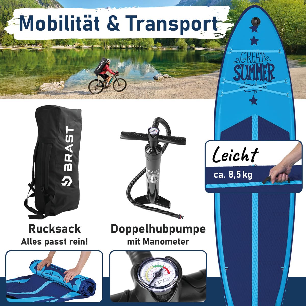 BRAST SUP Board Primo Summer | Aufblasbares Stand up Paddle Set | 320x81x15cm | 10 Designs | inkl. Zubehör | Alu Paddel Fußschlaufe Hub-Pumpe Reparatur-Kit