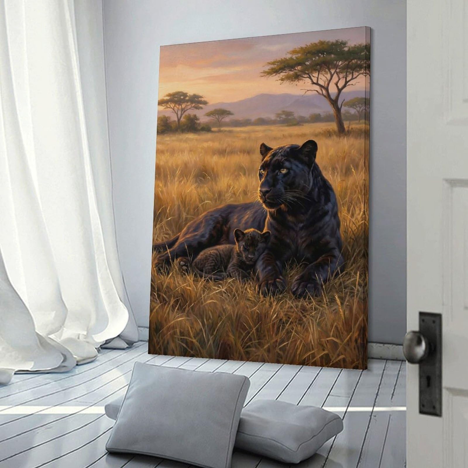 Junmoney Wall Art Print Black Panther And Cub in Savannah, 08x12inch(20x30cm), for Bedrooms, Workspaces And Everyday Interiors, Stylish Home Artwork for Focal Walls