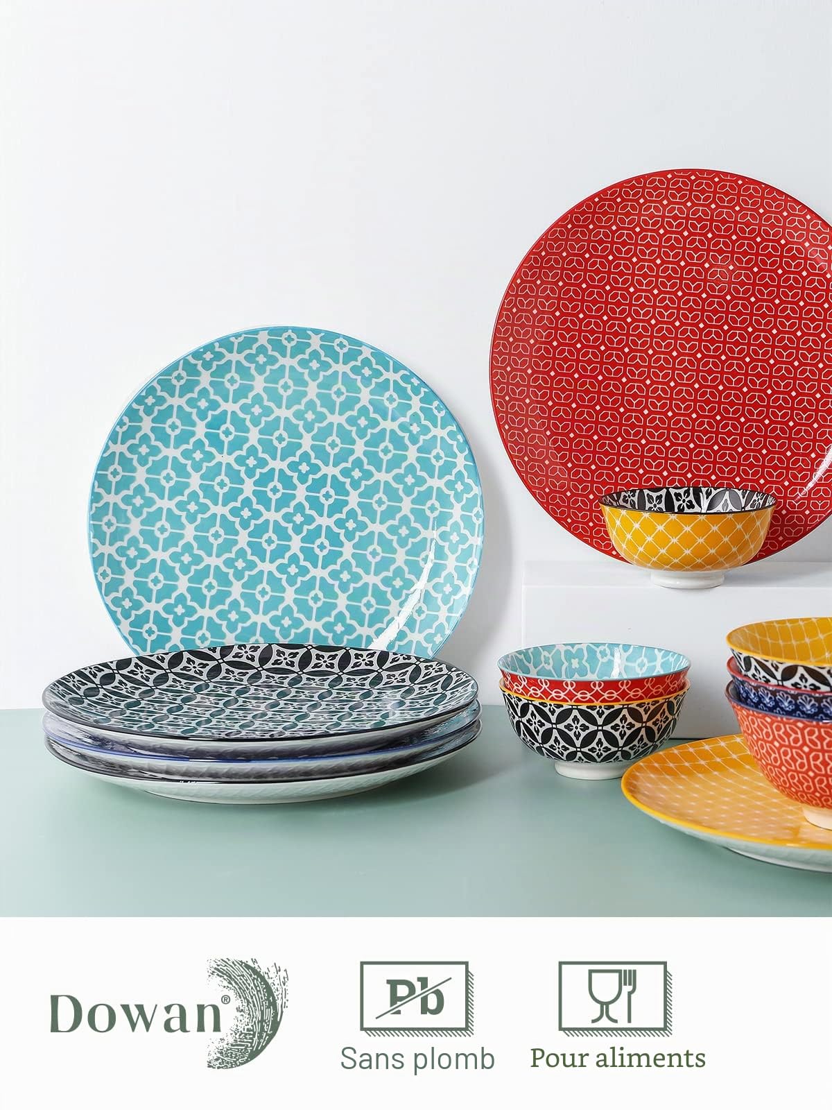 DOWAN Assiettes à Dîner Lot de 6, Φ 25.4 cm Assiettes à Salade, Plats de Service en Céramique pour Fête, Durable et Grande, Couleurs Vives | Noël