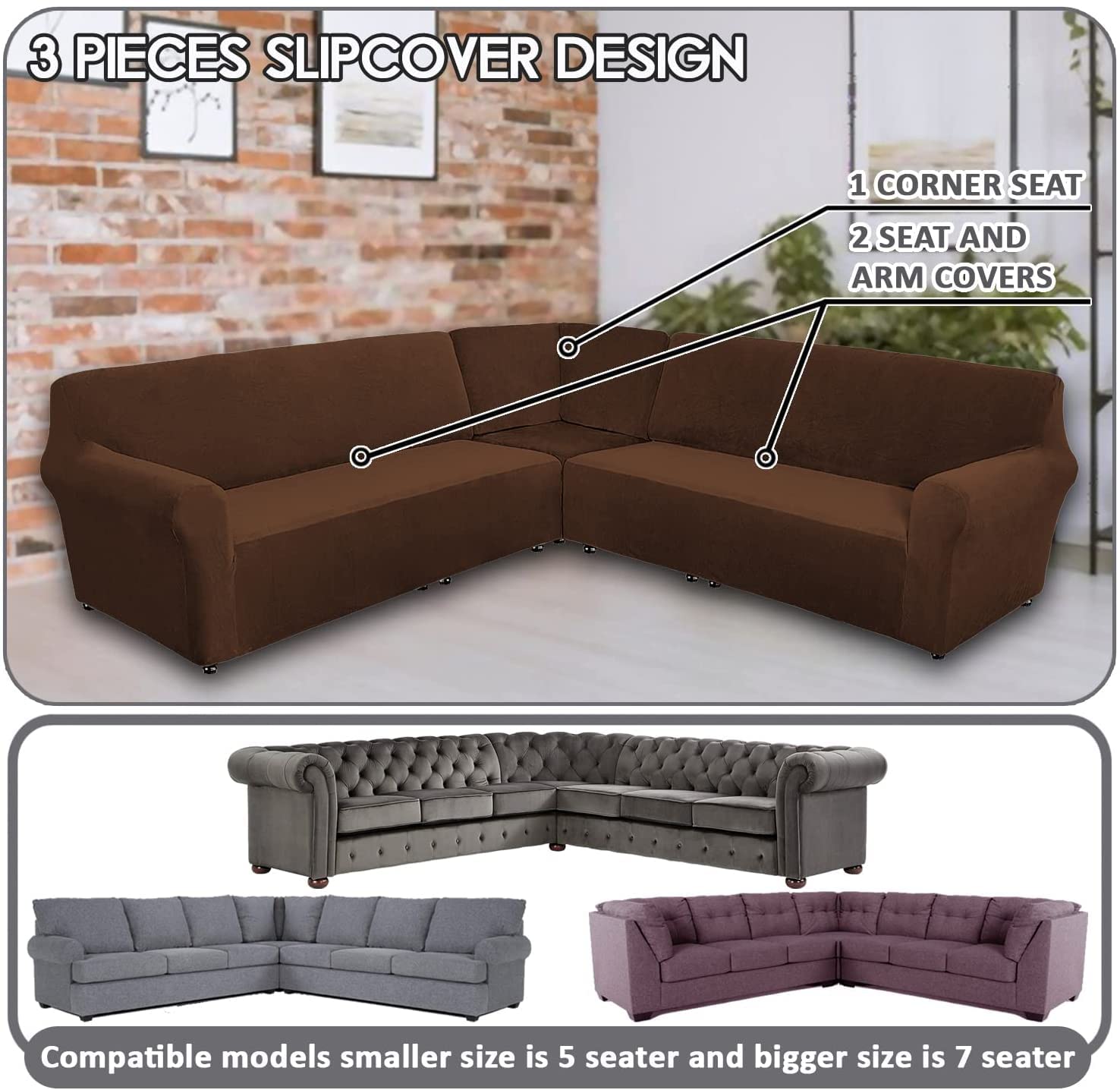 Funda De Sofá En Forma De L De Terciopelo Vino Rojo - 3 Piezas Para Sofá Seccional De 7 Plazas - Parte Inferior Elástica - Protector De Muebles