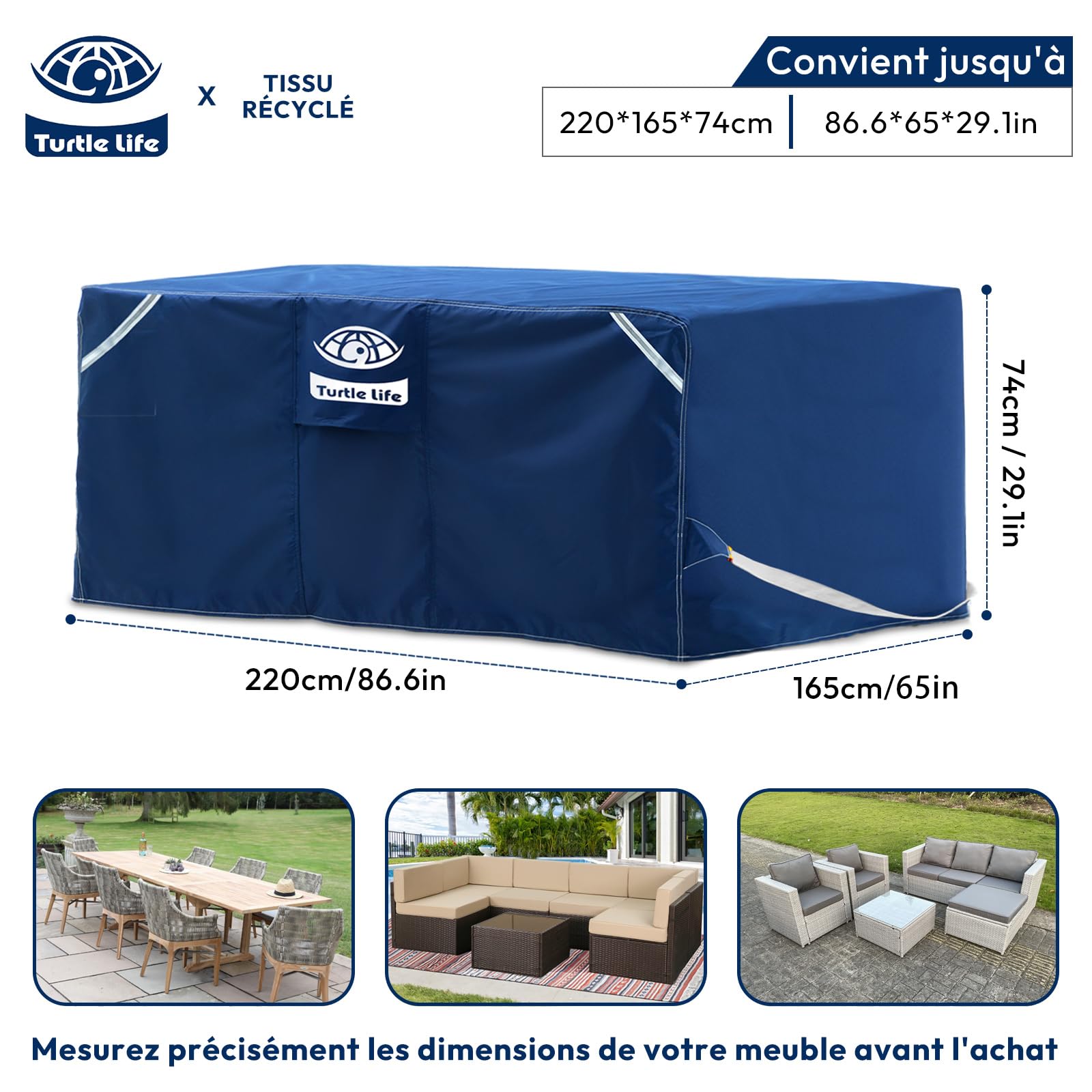 Turtle Life Housse Salon de Jardin,220 x 165 x 74 cm,Housse Table De Jardin Avec éVent D’Air,Tissu régénéré certifié GRS 300D,imperméable, Coupe-Vent, Anti-UV, Indéchirable
