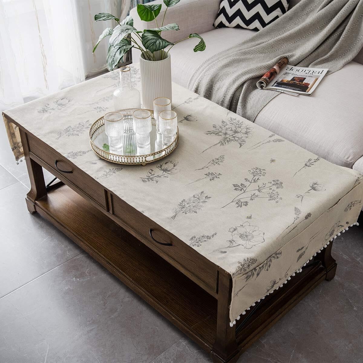 FAYING Coffee Table Cover with Pockets and Pompom Tassel Cotton Linen Coffee Table Cloth for Living Room Anti-Wrinkle Washer Dryer Fridge Top Dust Cover(Grey,24"x63")