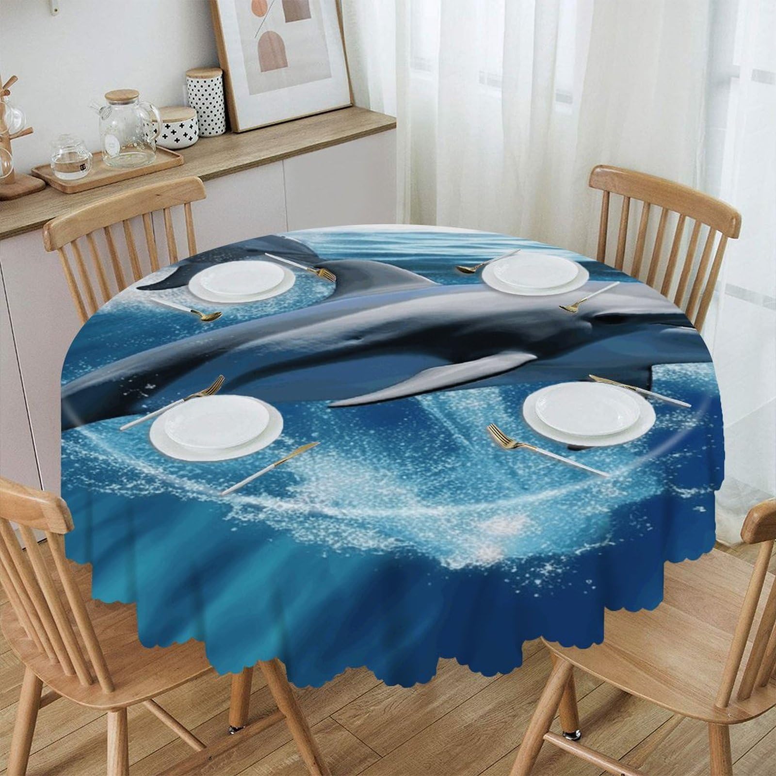 FekiLoot Dolphins Round Tablecloths 60 Inch Resistant Washable Polyester Table Cloth Style Decorative Circle Fabric Table Cover for Dining Kitchen Party Farmhouse Outdoor
