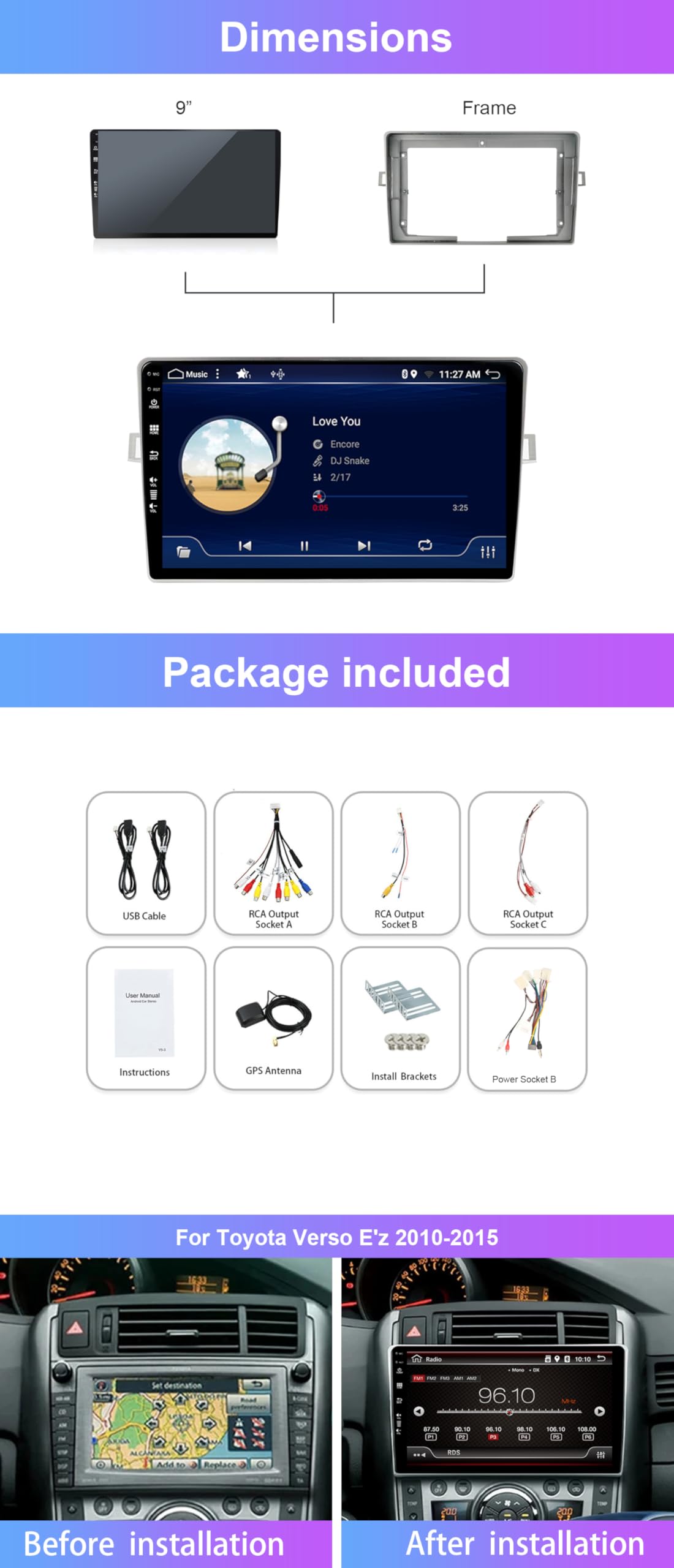 [2G + 64G] Autoradio 9 Pulgadas IPS Pantalla Táctil Android 15 para Toyota Verso E'z 2010-2015 Radio Coche con GPS Carplay WLAN BT SWC RDS Soporte Dab