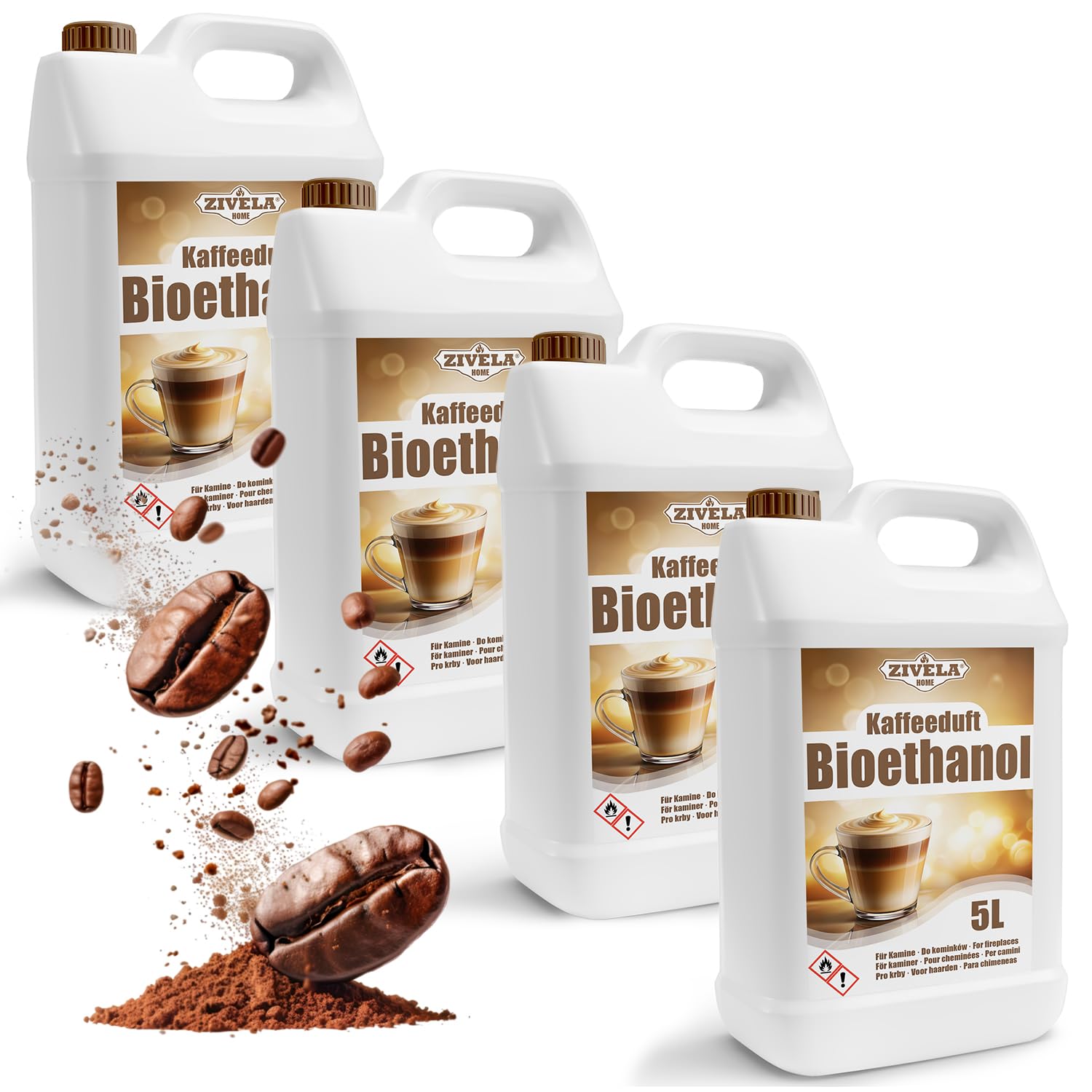 Bioetanol 96,6% 20L | Bio Alcohol Café Aroma 96,6% 4x5L | Bioetanol para Chimenea, Chimenea de mesa, Chimenea de Bioetanol | Aroma de café de bioetanol | Combustión limpia, sin humo, llama viva y