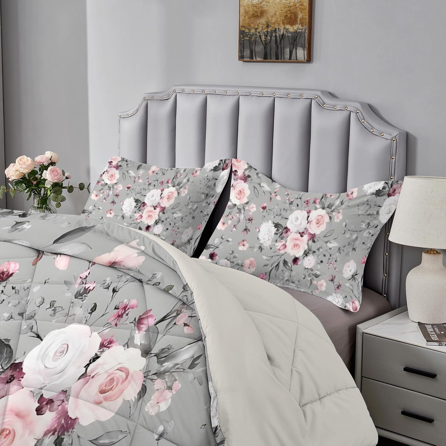 Qiwagu Gray Queen Size Duvet, Coverless Duvet 7.5 Tog with Flower Plants Pattern, Soft Lightweight Comforter Set for Autumn Summer, 1 Quilt 228x228cm with 2 Pillowcases, Machine Washable