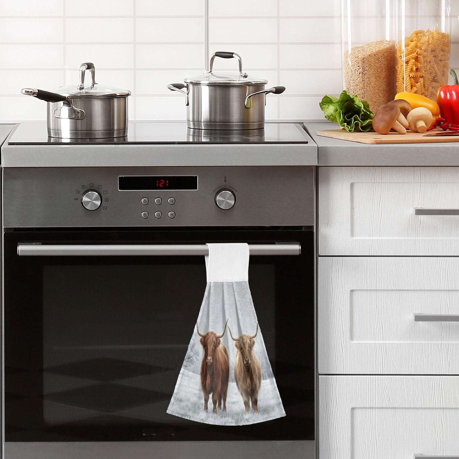 Asciugamano da cucina scozzese Highland Cow 2 pezzi super morbido assorbente Western Deco appeso asciugamani strofinaccio per bagno tè bar tavolo fattoria spiaggia