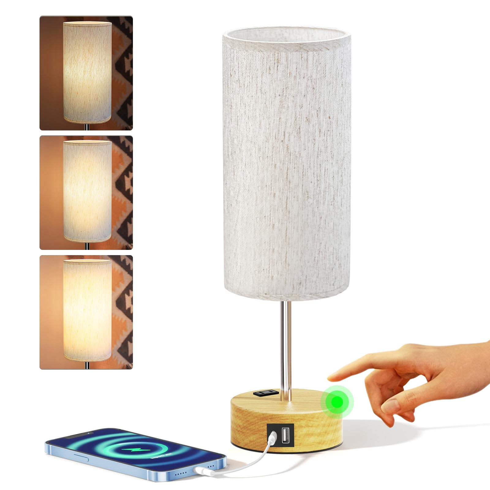 KPQ Small Bedside Lamp Touch Control Table Lamp with USB A+C Charging Ports & AC Outlet 3-Way Dimmable Nightstand Lamp with Linen Fabric Shade for Bedroom Living Room