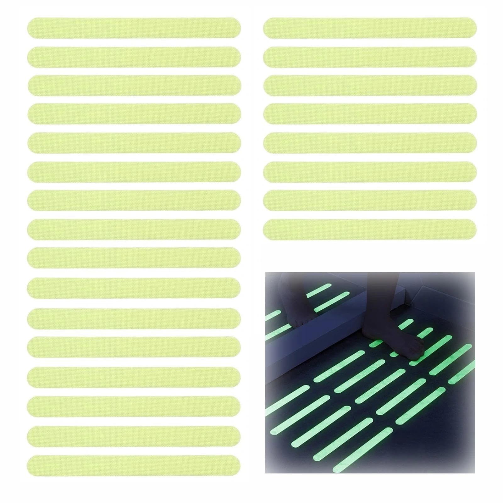 24pcs 2X20cm Glow in Dark Anti Slip Tape Stair Grip Stickers Luminous Non Skid Steps Strips Self Adhesive Waterproof Safety Warning Tapes for Staircases, Bath Floor, Bathtub, Kitchen, Swimming Pools