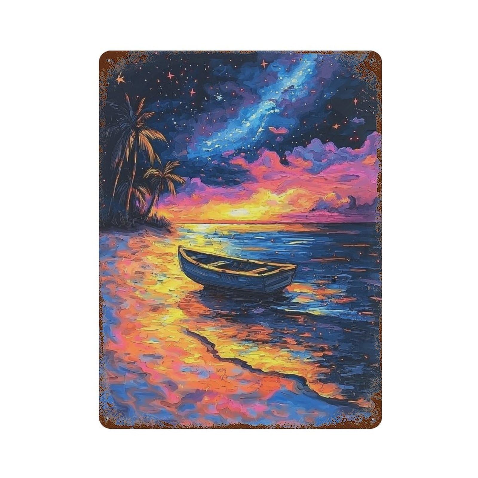 Beach Sunset with Boat Rustic Tin Plaque 15.7"x11.8", Classic Wall Plaque for Garage, Pub Or Kitchen