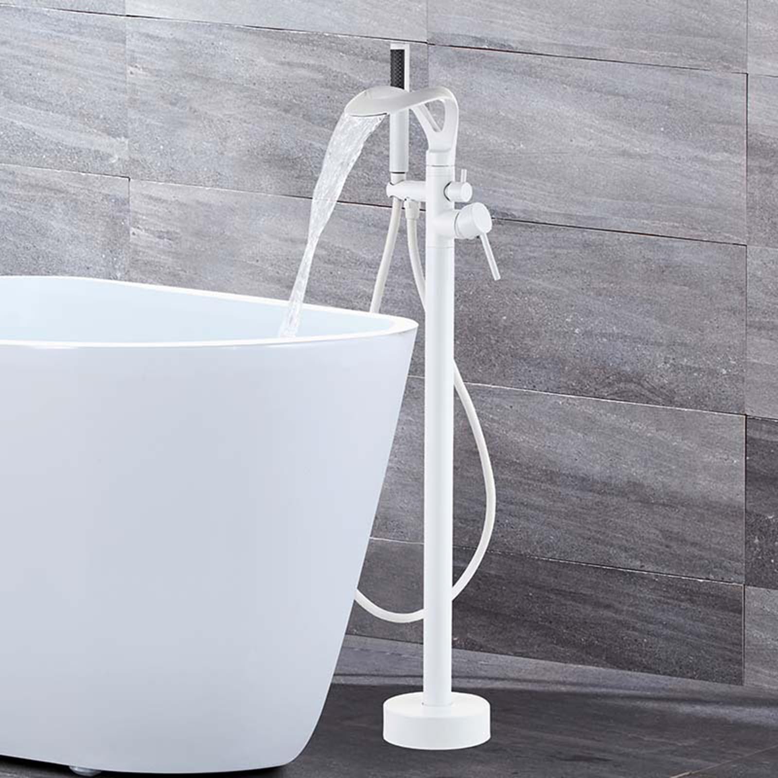 Freending Bianco A Pavimento Rubinetto Da Bagno & Doccia Miscelatore 2 Modalità Cascata Design Singolo Foro Vasca Rubinetto per Bagni Moderni