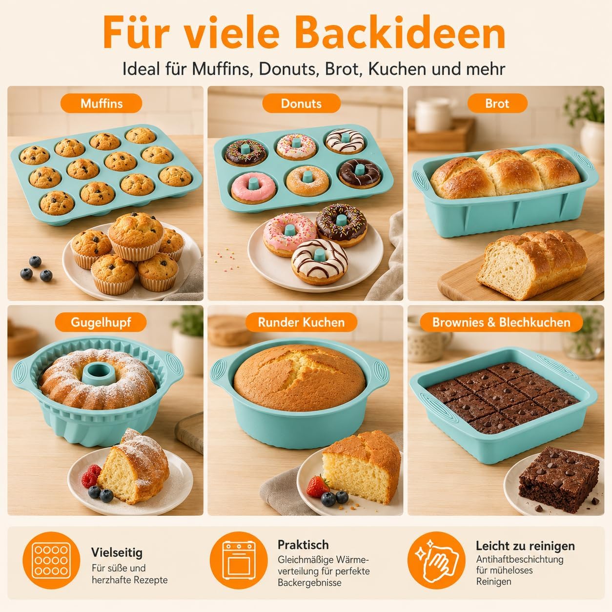Juego de 8 moldes de silicona para hornear, molde para tartas, magdalenas, molde con espátula y pincel para hornear pan, tostadas, cupcakes, magdalenas (azul)
