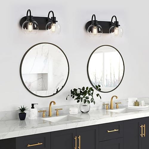 Miniatura 5 de Moderna lámpara de tocador de 2 luces, accesorio de iluminación de baño sobre espejo con pantalla de vidrio transparente y base de metal, negro mate
