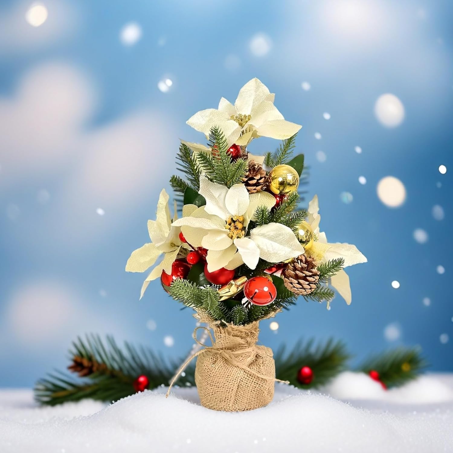 Silver Poinsettias Flowers Bouquet,Large Premier Silk Poinsettia Plant Artificial Flower Pot Centerpiece Table Decoration for Dining Room,Home Office Christmas Party Decoration(God)