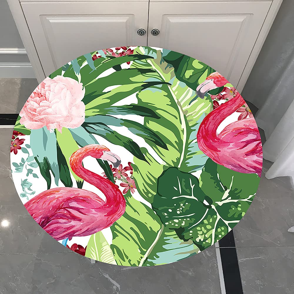 Morbuy Tropical Leaves Elastic Edged Round Tablecloth For Circular Table, 3D Flamingo Waterproof Table Cloths Stain Resistant Dust-Proof Wipeable Stretch Table Cover For Home Party Dinning (,90Cm)