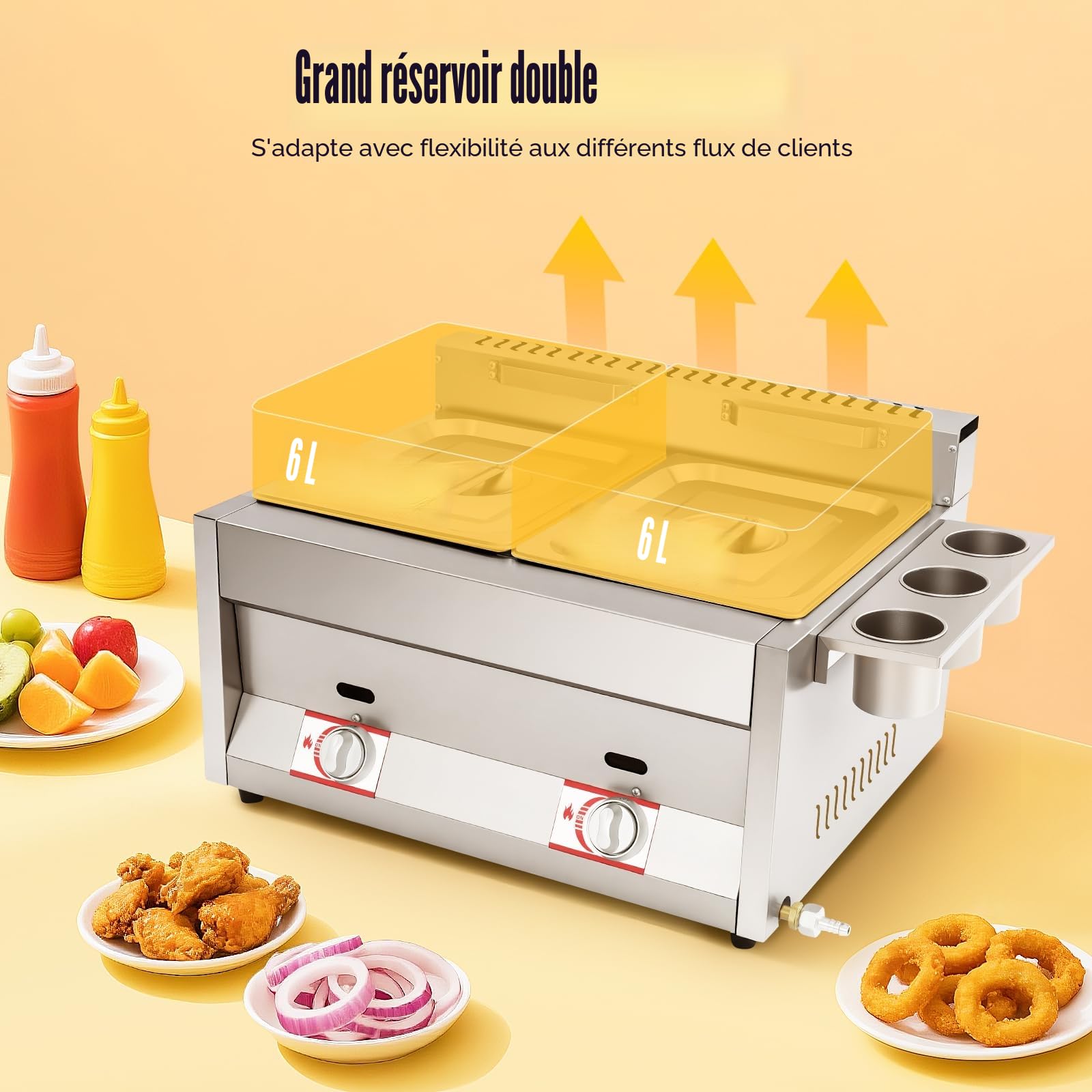 Double friteuse professionnelle à gaz, 2 x 6 l, pour gastronomie, friteuse avec graisse et huile, friteuse profonde pour frites et poulet, friteuse avec robinet de vidange, idéale comme machine à