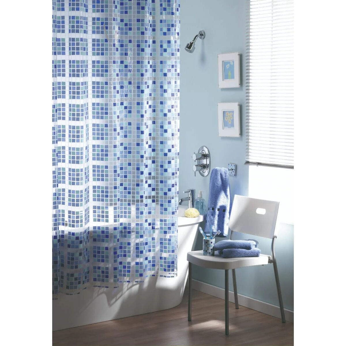 Blue Canyon Mosaic Blue Shower Curtains | 100% Peva Shower Curtain | Anti-Bacterial Surface Treatment | Water Repellent| Weighted Hem | 180 X 180cm | 12 Reinforced Eyelets with Hooks (Blue)