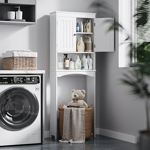 Miniatura 3 de Bealife Armario de almacenamiento sobre el inodoro con estante abierto, organizador con estante ajustable y puertas dobles, estante de