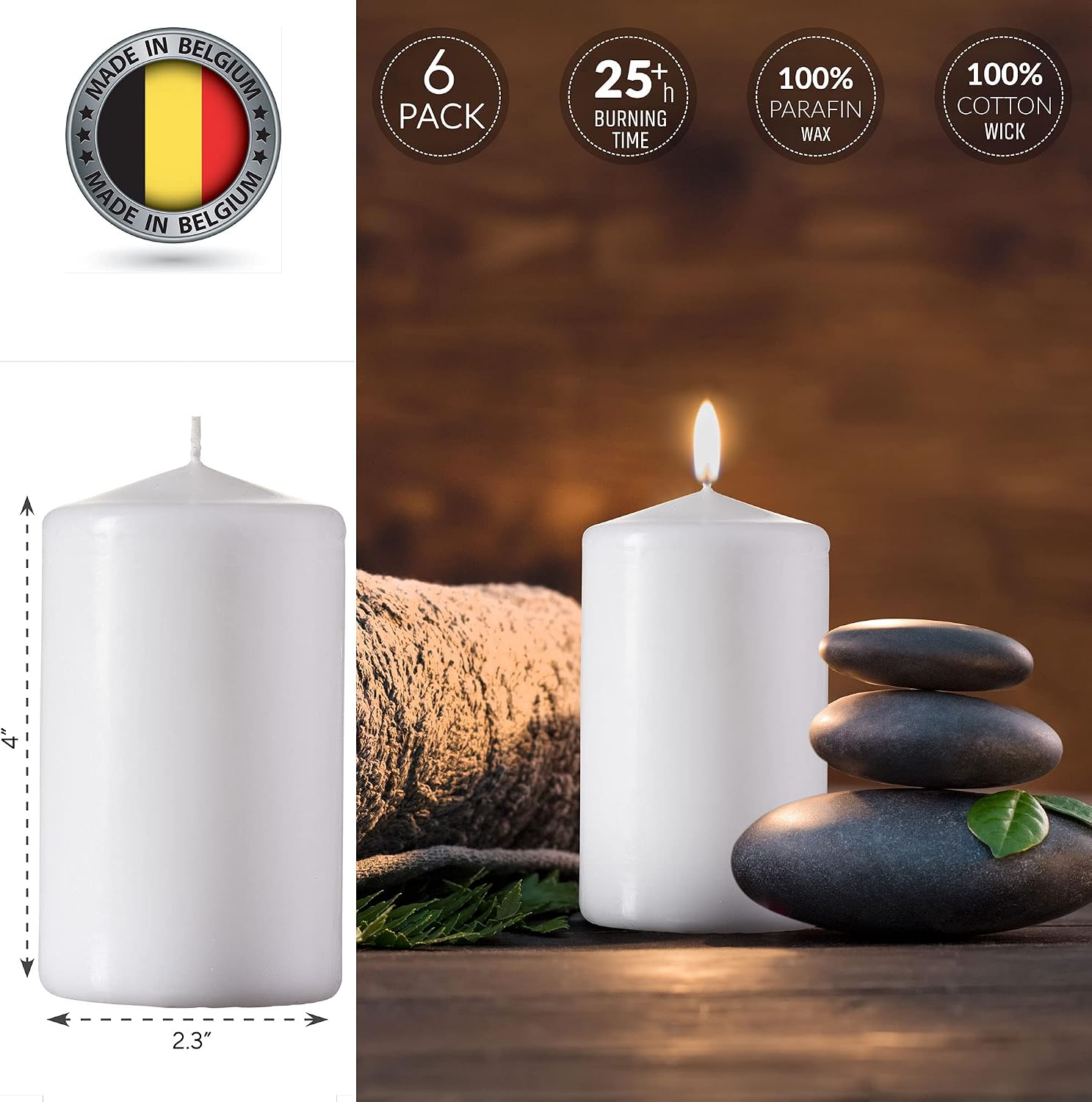 SPAAS Set of 6 White Pillar Candles - 2.3x4 Inch Unscented Pillar Candles for Home Decor, Power Outage Emergency, Memorial, Weddings, and Parties