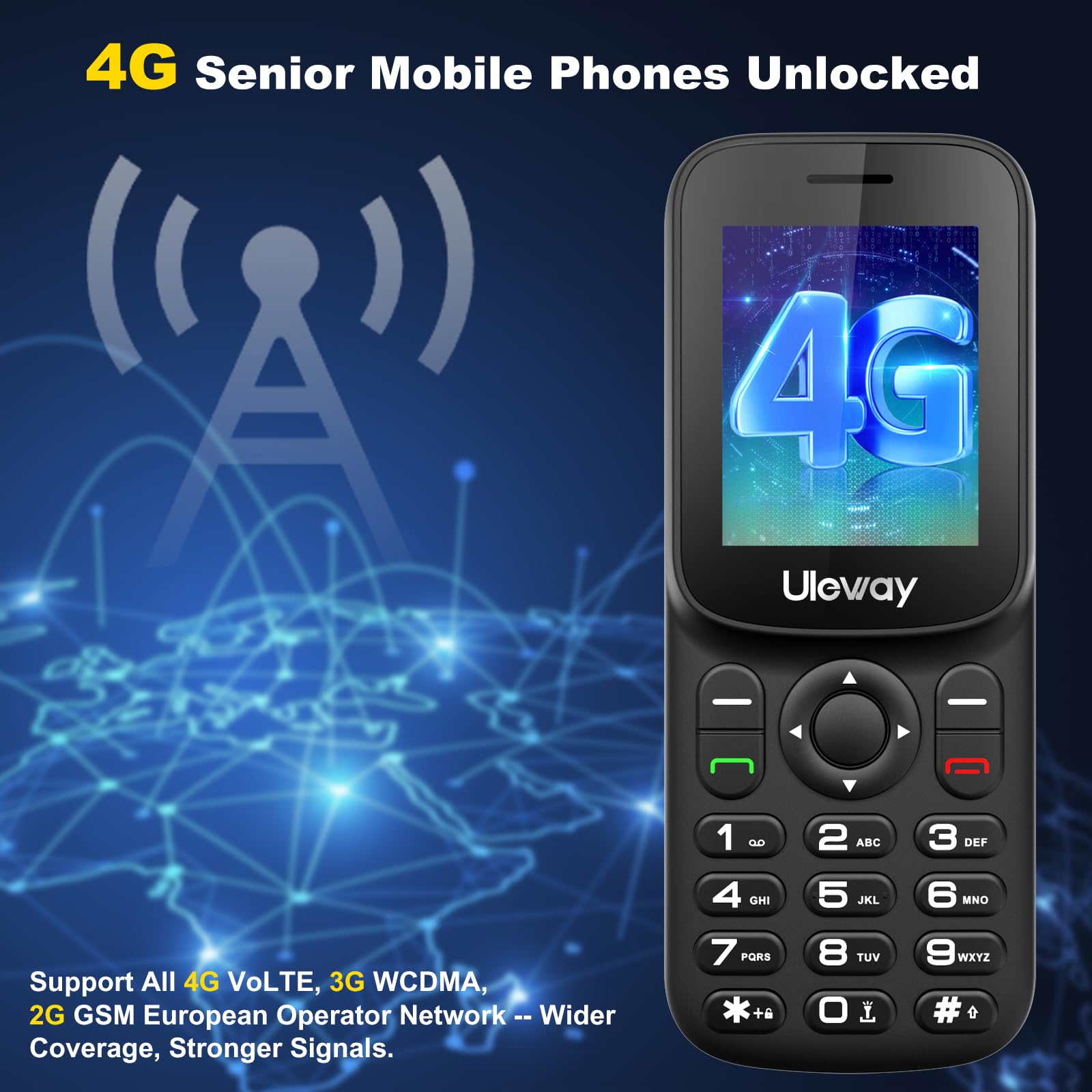 ukuu Cellulare 4G per anziani senza contratto, con tasti grandi, con lunga durata della batteria da 1000 mAh, display a colori da 1,8 pollici, con torcia (nero)