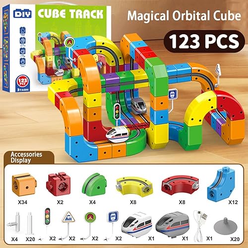 Miniatura 2 de Juego de tren eléctrico, juegos de tren mágico para niños de 4 a 8 años de edad, pistas de bloques de automóvil motorizado, cubo de riel 3D, juguete