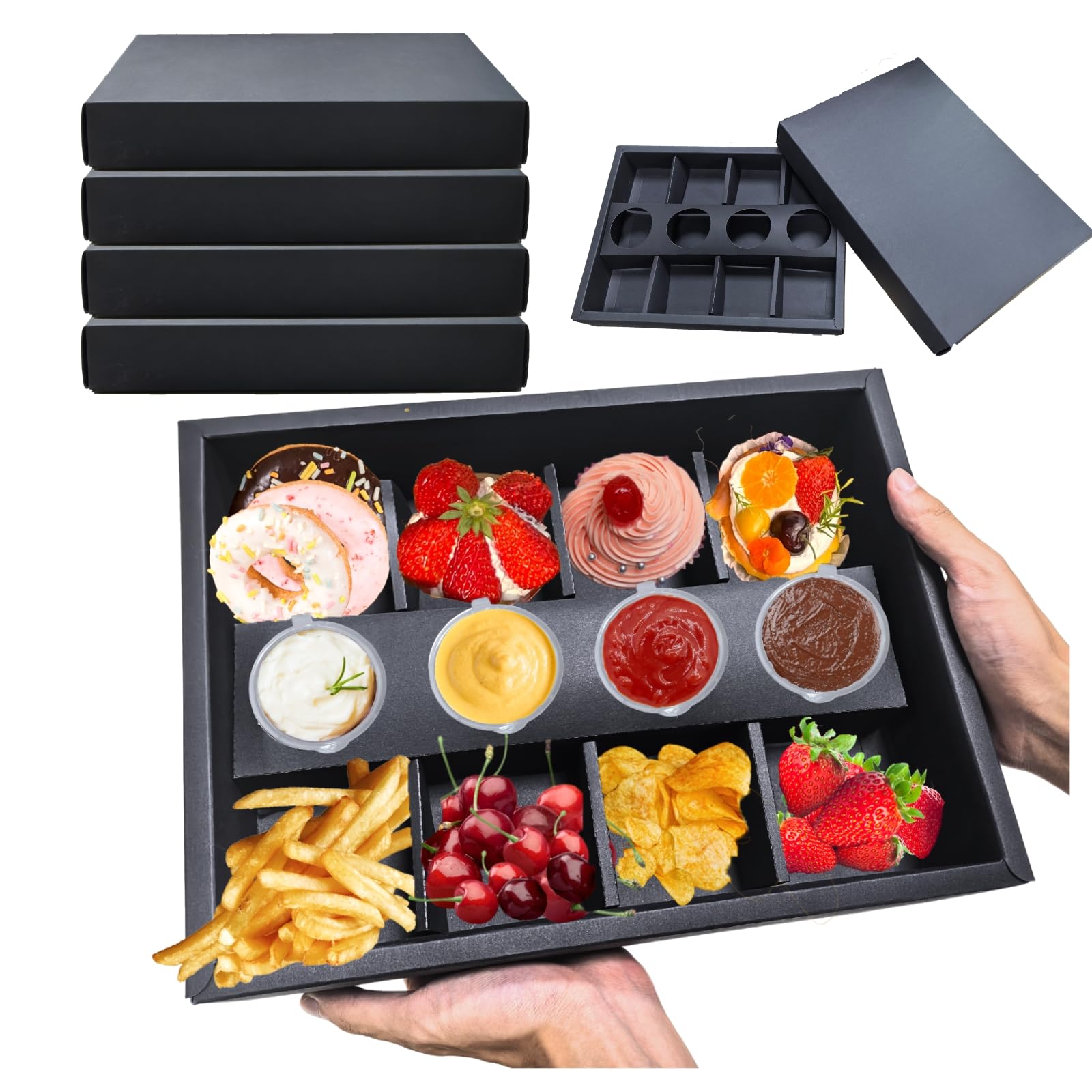 10 Stück 8 Gitter dicke Bordüre Party Catering Behälter Tablett Box to go, robuste Karton-Weidebox mit Fensterdeckel, Saucenhalter, Vorspeisen, Charcuterie, Snack, Dessertplatte [schwarz]