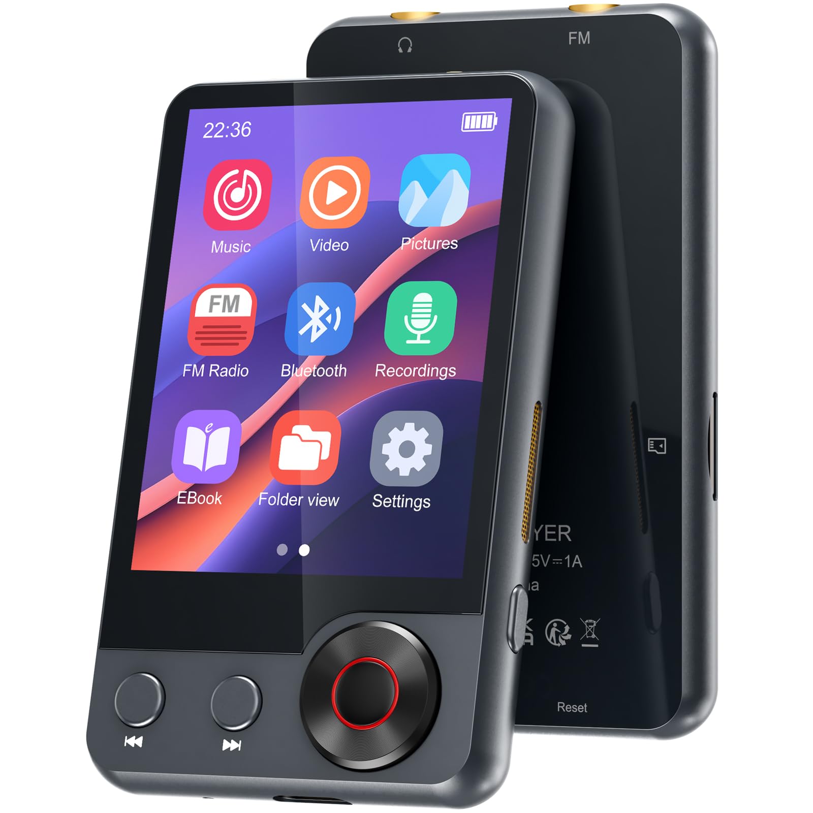 Reproductor MP3 de 128GB con Bluetooth 5.3, Reproductor de Música Portátil con 2,4'' con Altavoz, Reproductor MP3 con Radio FM, Grabación de Voz, Auriculares (Negro)