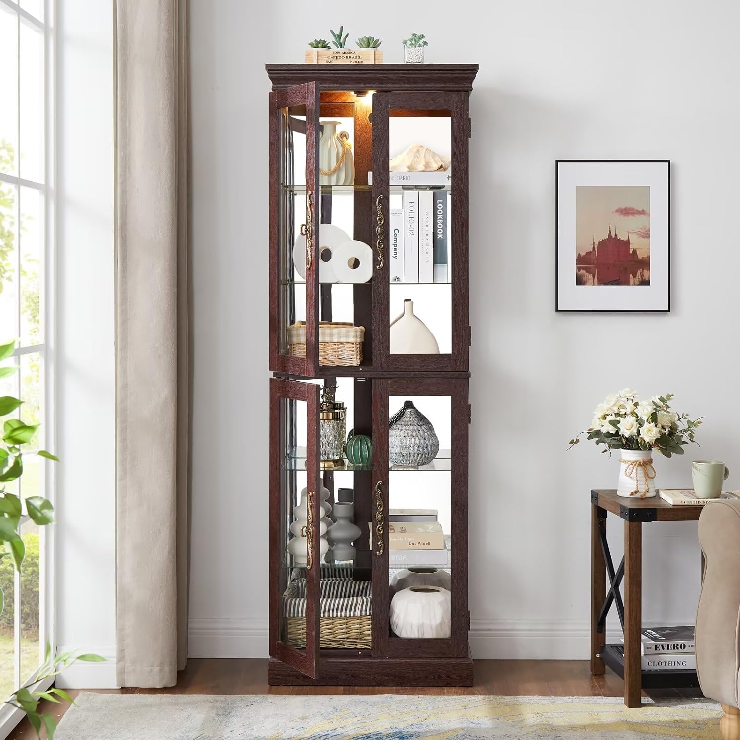 71.26"H Lighted Glass Curio Display Cabinet, Glass Storage Cabinet, Wood Frame Toy Display for Living Room, Kitchen, Pantry, Dark Cherry