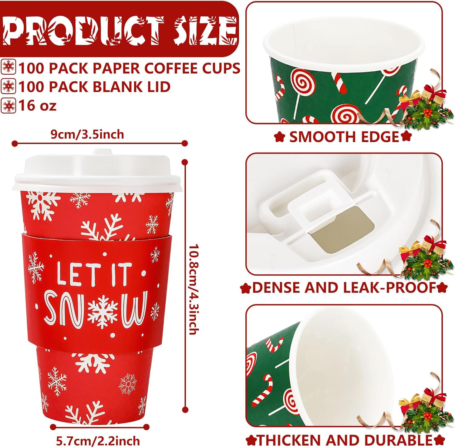 JarThenaAMCS 100 Sets 16oz Christmas Disposable Coffee Cups With Lids And Sleeves Festive Xmas Design Paper Drinking Cups For Winter Home Office Party Supplies