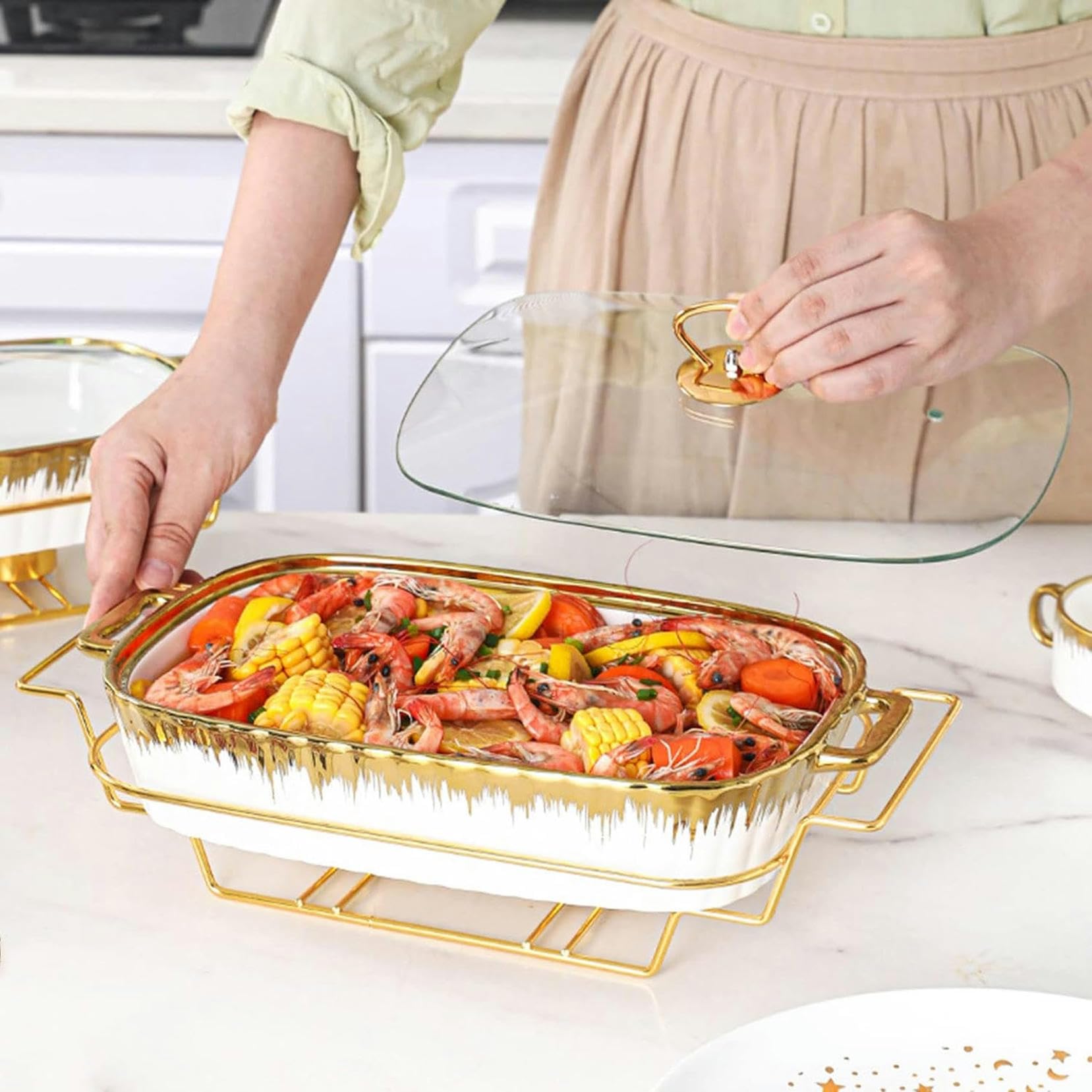 Hadecoll White Chafing Dish Ceramics Chafer Buffet Server Warming Tray Food Buffets Food Warmer For Parties Buffet Set Chaffing Dishes Wedding,Parties,Banquet,Catering Events,-30.5Cm