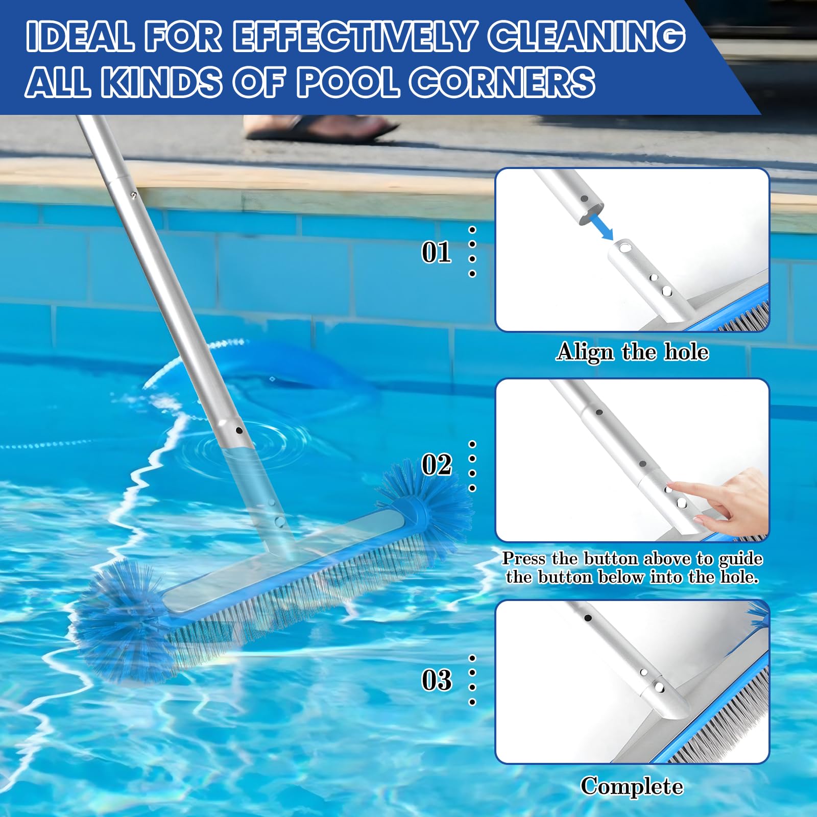 LALAGO Runde Poolbürste, Poolbürste mit Demontage Stange, Pool Reinigungs Bürste mit Halbkugelförmigen Borsten, Bodenbürste für Badezimmer, Bürste Reinigung Breit für Poolwänden, Fliesen und Stufen