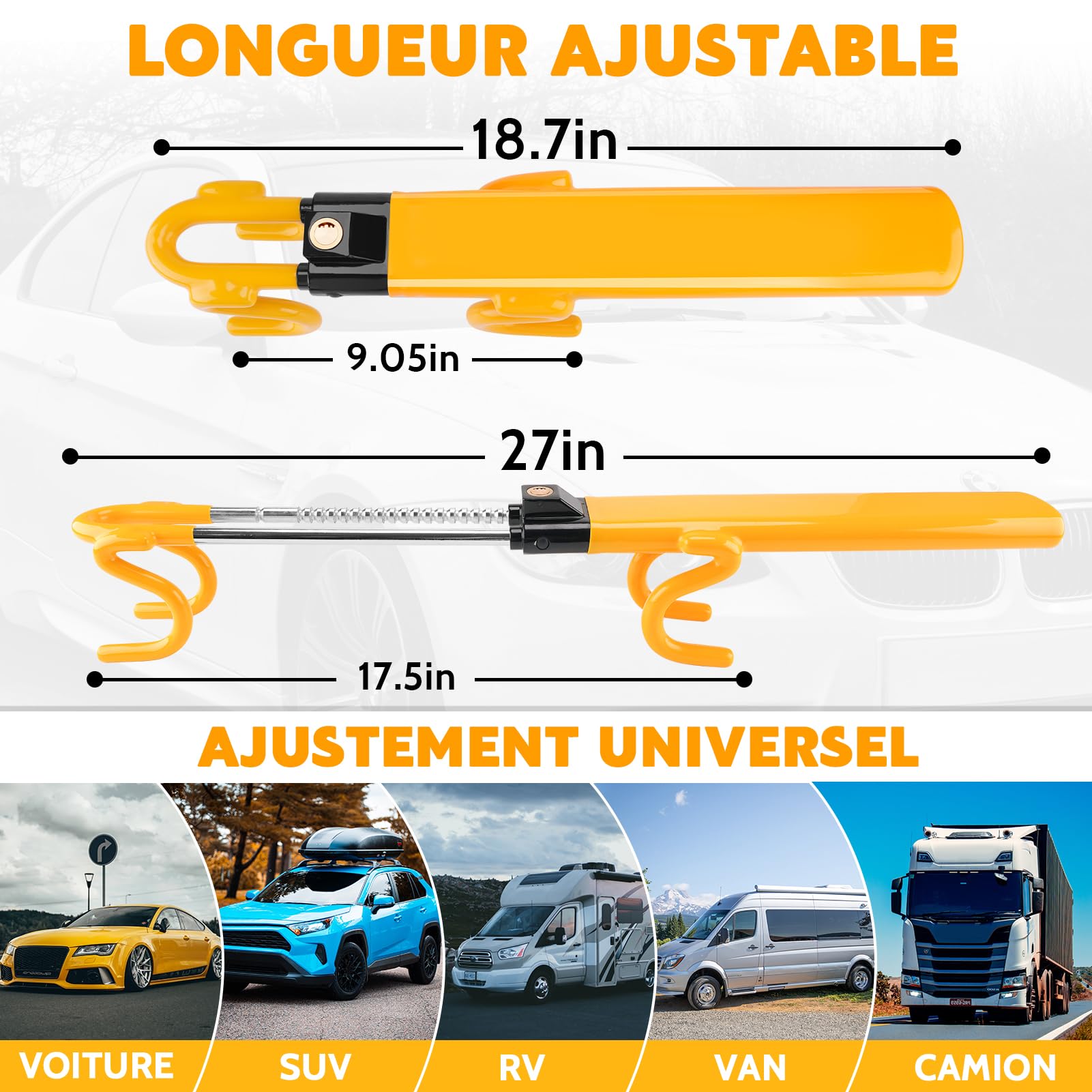 Tevlaphee Antivol Voiture, Canne Antivol Voiture, Antivol Volant Voiture, Barre Sécurité Véhicule, Haute Visibilité, Robuste, Ajustement Universel, 3 Clés(Jaune)