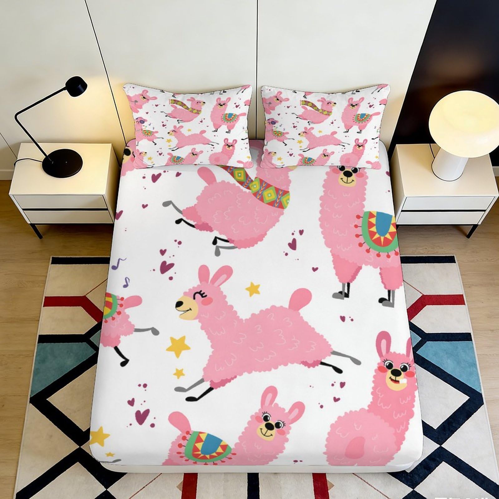 3D Printed Pink Llama Fitted Sheet Microfiber Soft Breathable Cartoon Alpaca Bed Cover for Bedroom Dormitory Guest Room Mattress Protection Decor 140x200x25cm