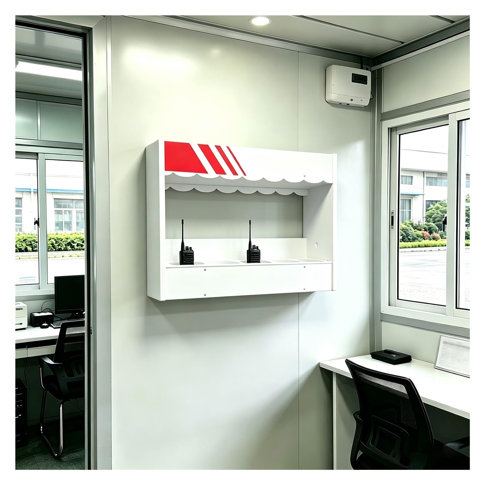Multi Grids Walkie Talkies Organizer Security Booth Radio Organizer Stand, Wall Mounted Walkie Talkie Storage Holder, Intercom Storage Holder for Construction Sites/Warehousing Centers(5 holes)