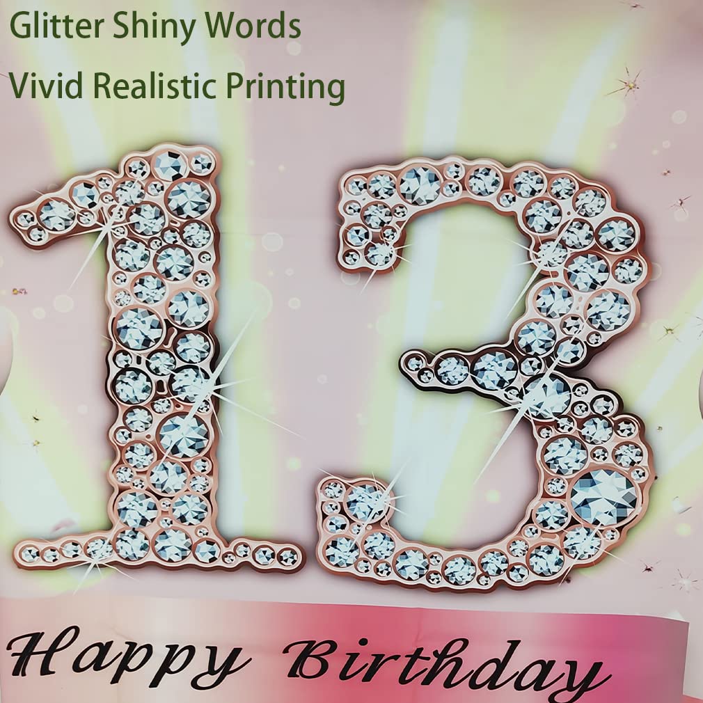 Banner Per 13° Compleanno Ragazza - Poster In Tessuto Glitter Rosa 120x80 Cm Con Anelli In Rame, Decorazione Festa Glitterata - 4