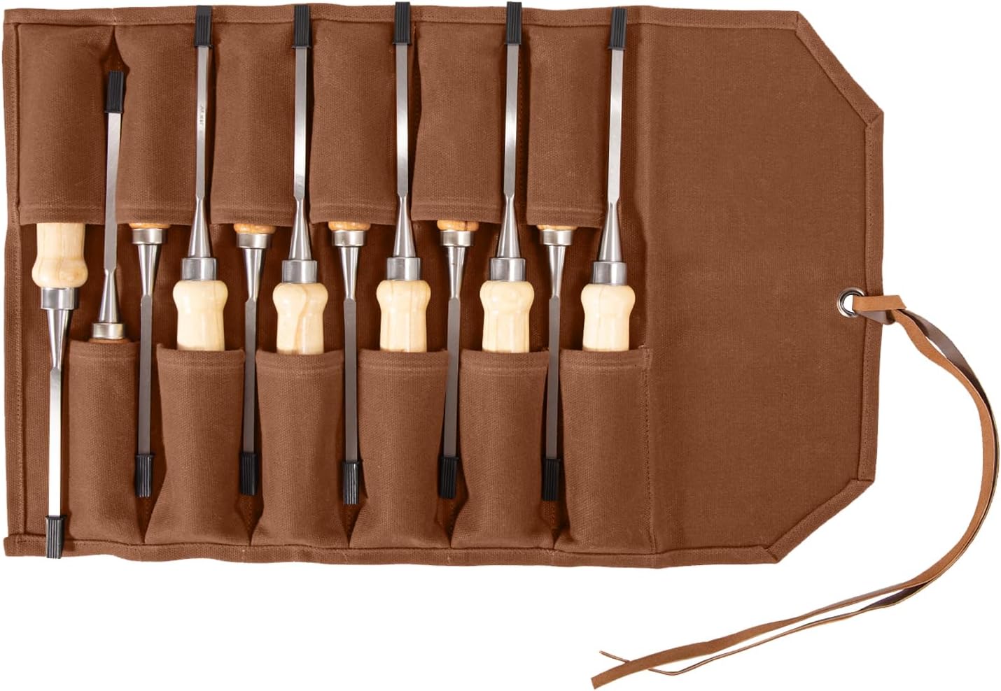 Chisel Roll,6 Pockets Roll Up Tool Pouch,Waxed Canvas Small Tool Roll Organizer and Wrench Roll Up Pouch,Store Chisel,Wrench,Pliers,Carving Knife (12-Brown)