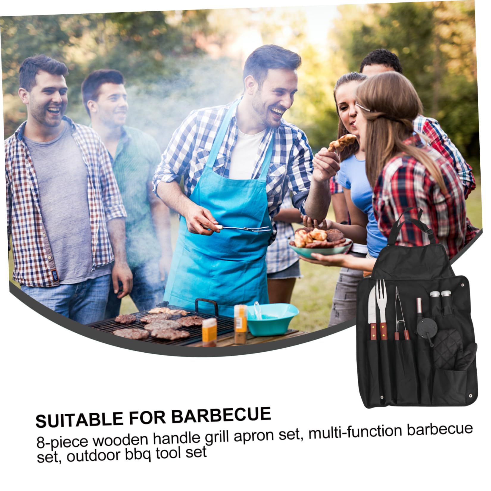 Set Utensili Barbecue Portatile Acciaio Inox Guanto | Nero, Manico in Legno, Borsa Inclusa, per Campeggio e Outdoor, Accessori per Griglia