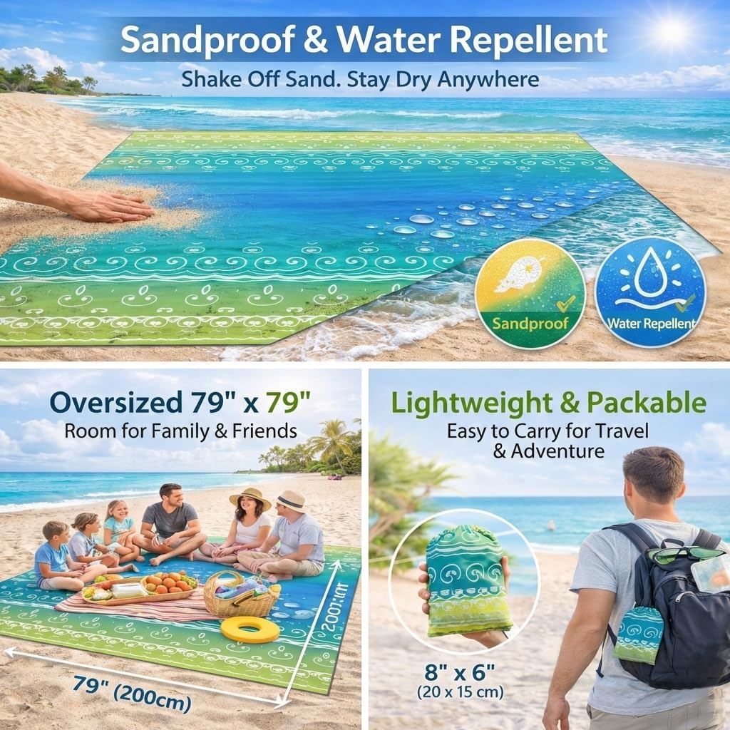 Oversized Beach Blanket (79" x 79") - Sandproof & Waterproof Outdoor Picnic Mat for 4-7 Adults - Lightweight, Foldable & Portable Ground Cover for Travel, Camping, Festivals