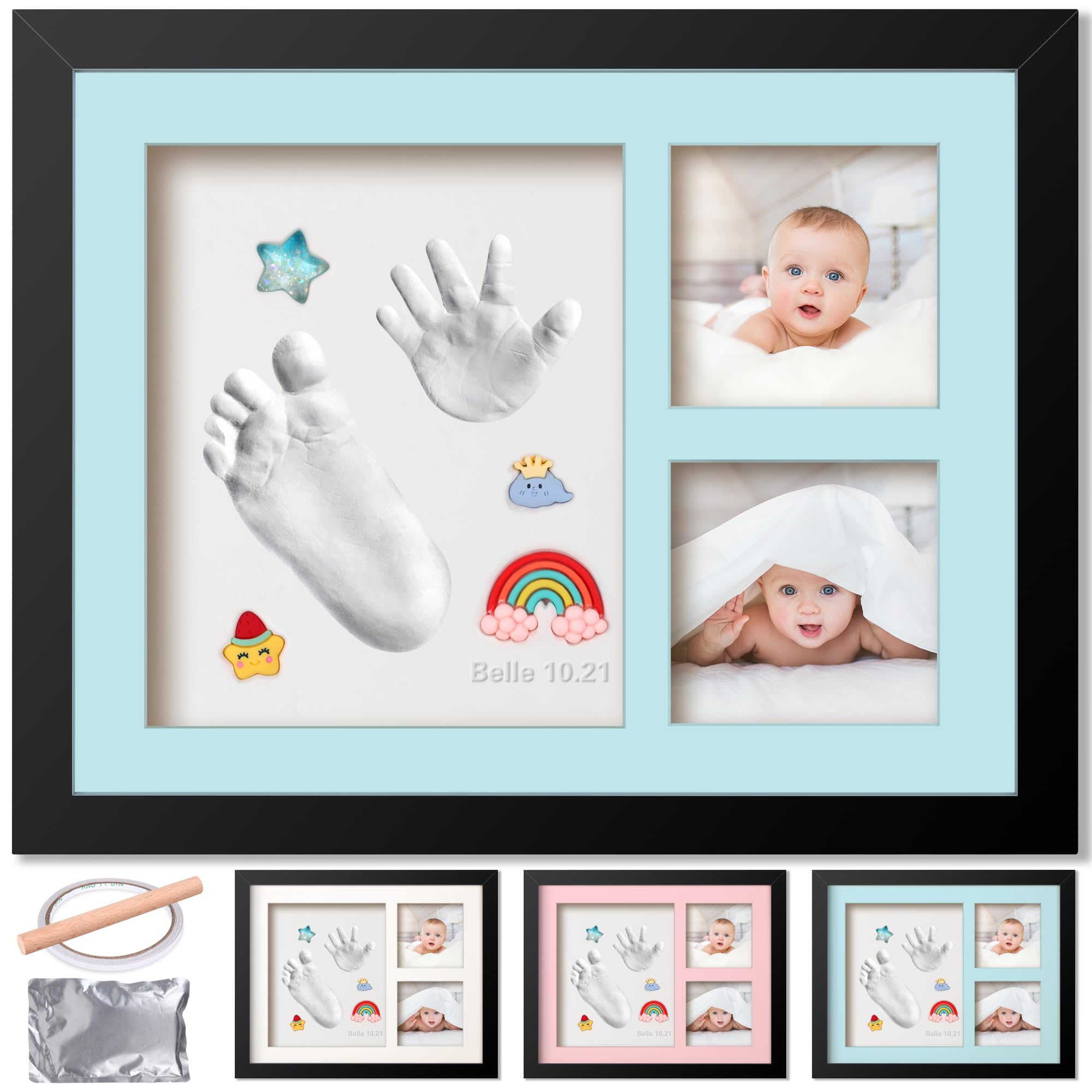 Baby Hand and Footprint Kit, Picture Frame Clay Set for Newborn Girls and Boys, Infant Milestone Photo Frame with 3 Colour Backing Cards and 4 Trinkets, Keepsake Baby Shower Gifts for New Parents
